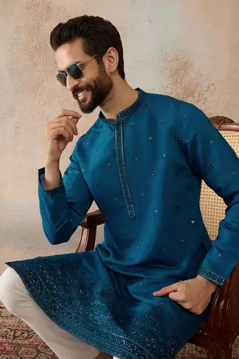 Men blue silk blend embroidered straight kurta sets