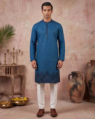 Men blue silk blend embroidered straight kurta sets 1