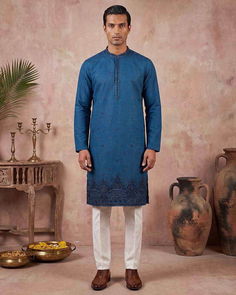 Men blue silk blend embroidered straight kurta sets