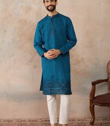 Men blue silk blend embroidered straight kurta sets