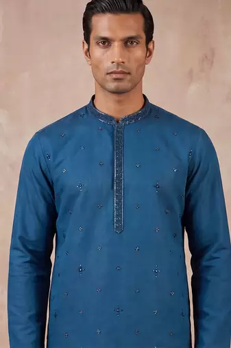 Men blue silk blend embroidered straight kurta sets