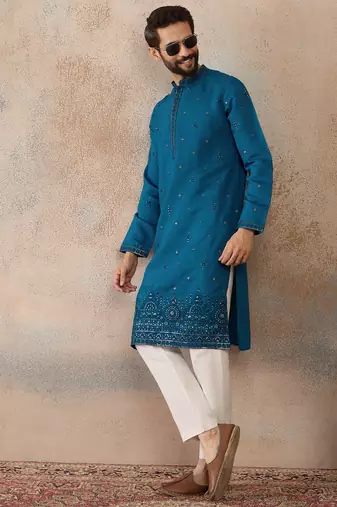 Men blue silk blend embroidered straight kurta sets