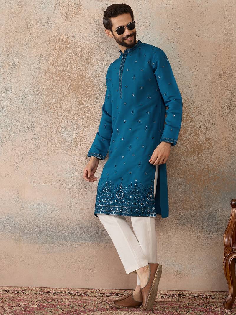 Men blue silk blend embroidered straight kurta sets
