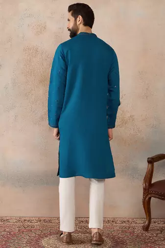 Men blue silk blend embroidered straight kurta sets