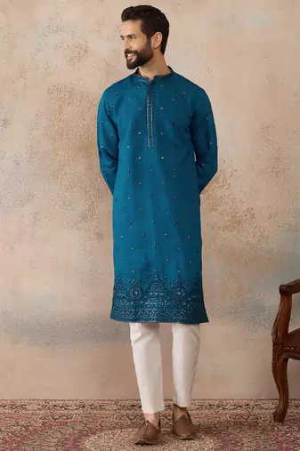 Men blue silk blend embroidered straight kurta sets