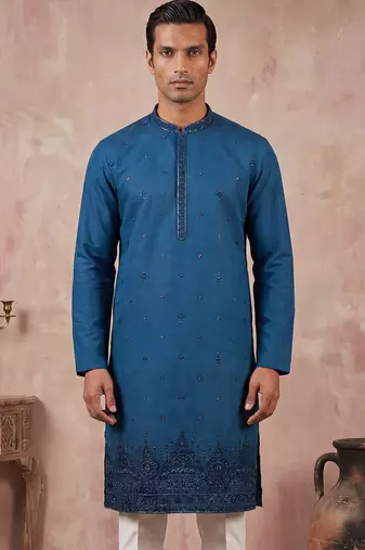 Men blue silk blend embroidered straight kurta sets