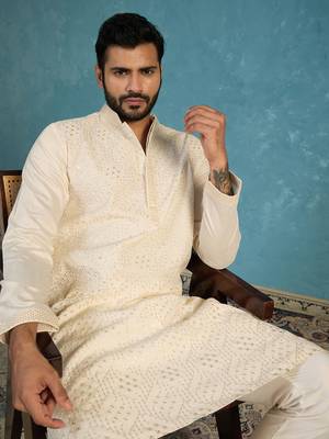 Men off white silk blend embroidered straight kurta sets 1