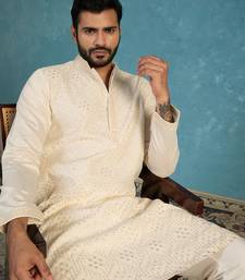 Men off white silk blend embroidered straight kurta sets