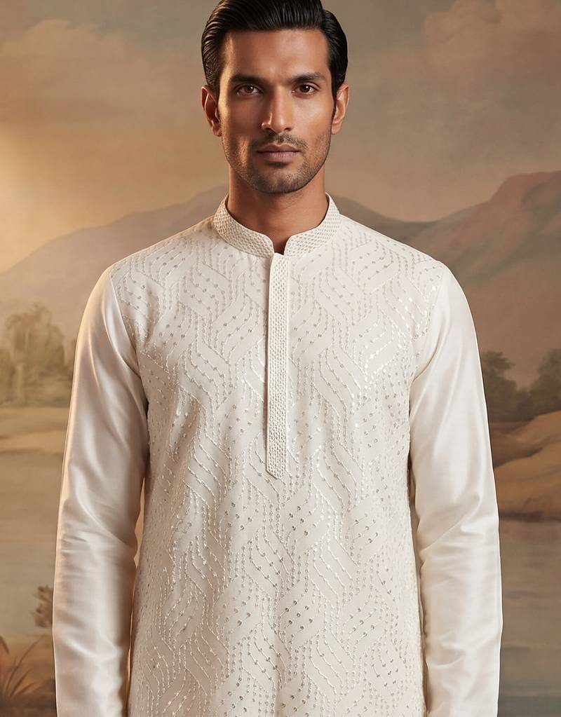 Men off white silk blend embroidered straight kurta sets