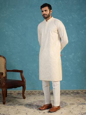 Men off white silk blend embroidered straight kurta sets 3