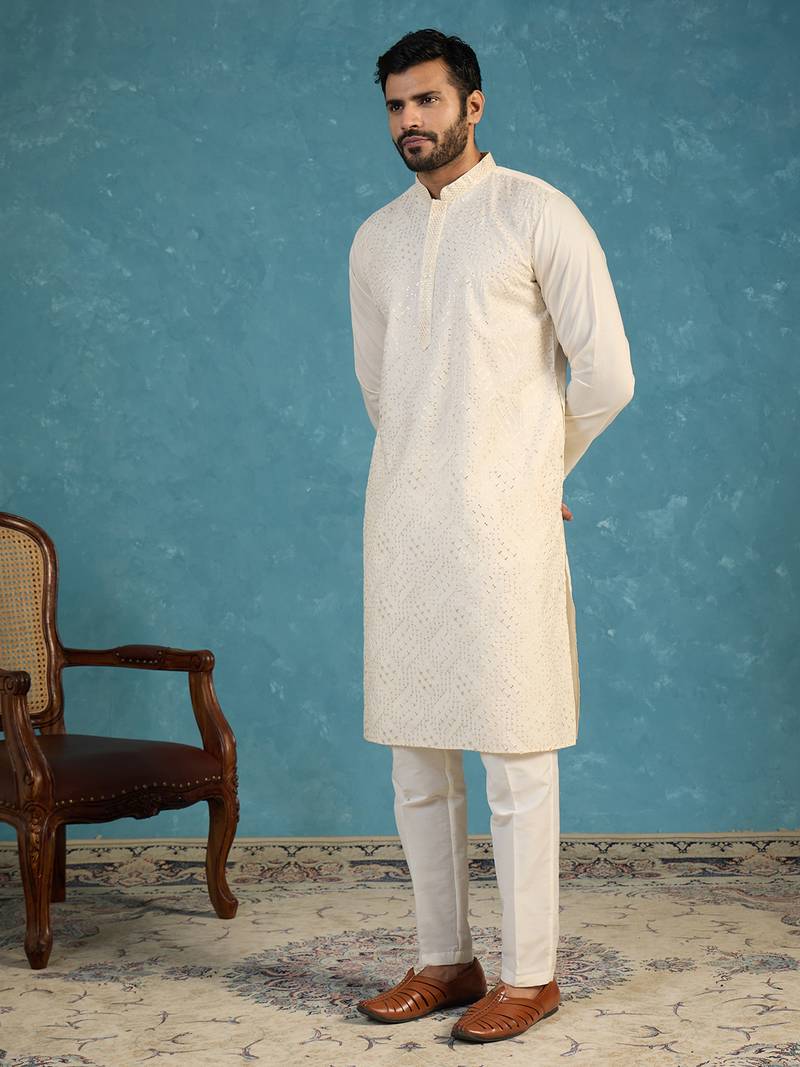 Men off white silk blend embroidered straight kurta sets