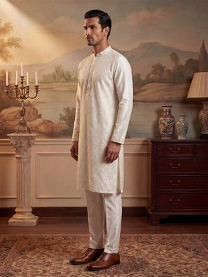 Men off white silk blend embroidered straight kurta sets 3