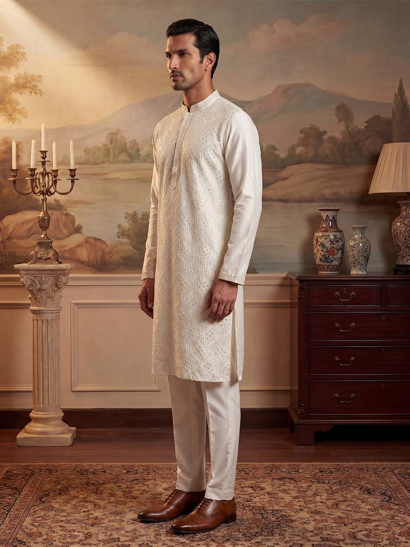 Men off white silk blend embroidered straight kurta sets