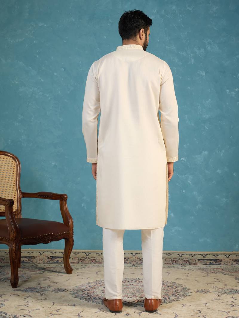 Men off white silk blend embroidered straight kurta sets