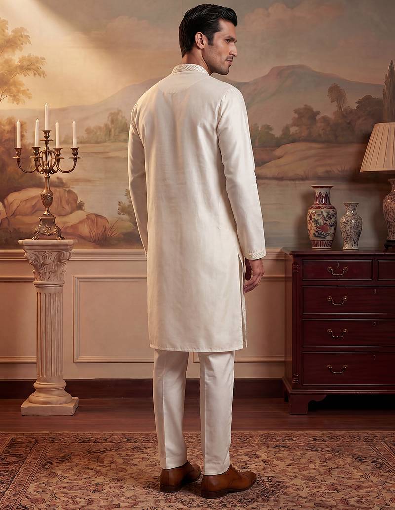 Men off white silk blend embroidered straight kurta sets