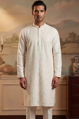 Men off white silk blend embroidered straight kurta sets