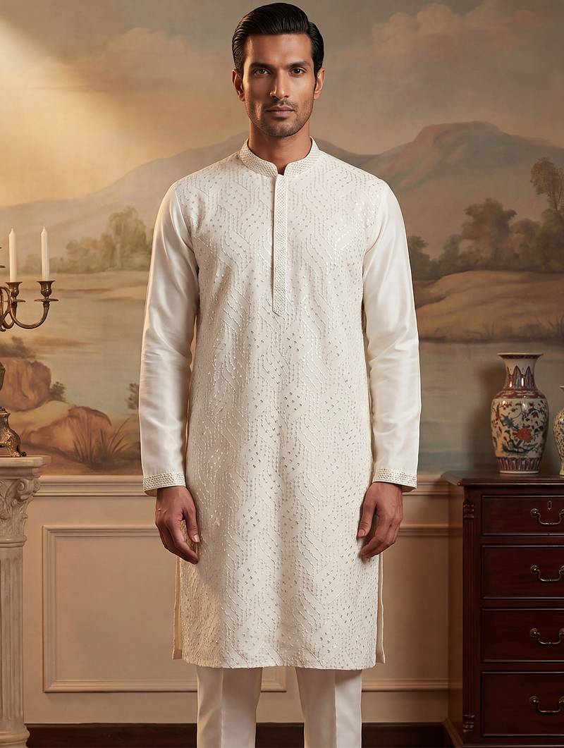 Men off white silk blend embroidered straight kurta sets