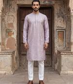 Men lavender silk blend embroidered straight kurta sets
