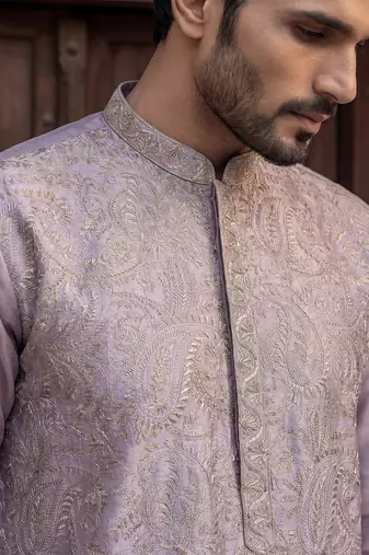 Men lavender silk blend embroidered straight kurta sets
