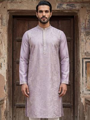 Men lavender silk blend embroidered straight kurta sets 5