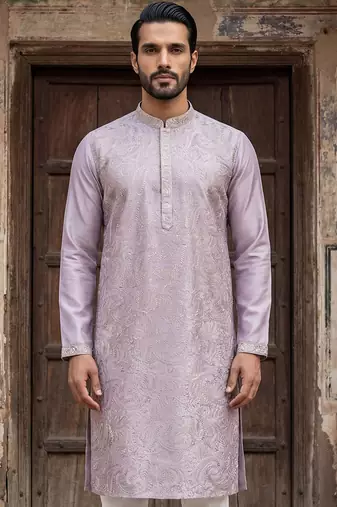 Men lavender silk blend embroidered straight kurta sets