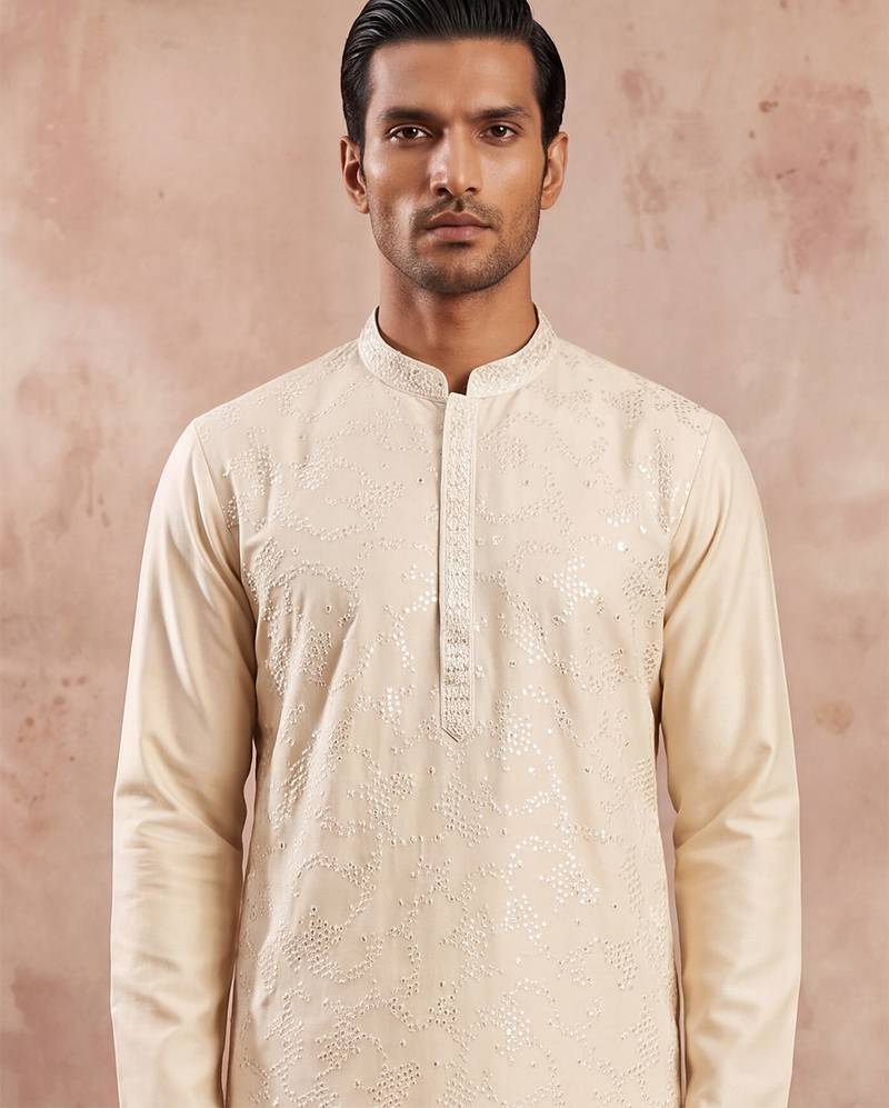 Men off white silk blend embroidered straight kurta sets