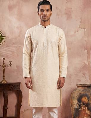 Men off white silk blend embroidered straight kurta sets 5