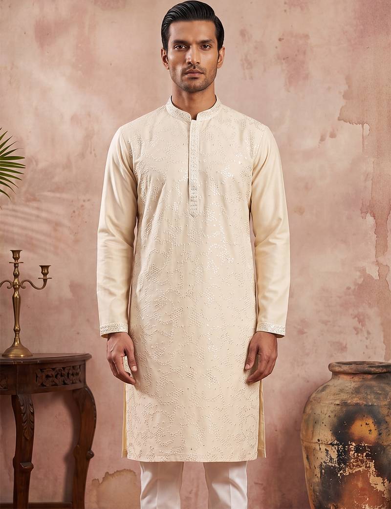 Men off white silk blend embroidered straight kurta sets