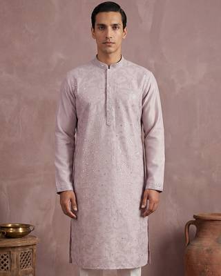 Men lavender silk blend embroidered straight kurta sets 1