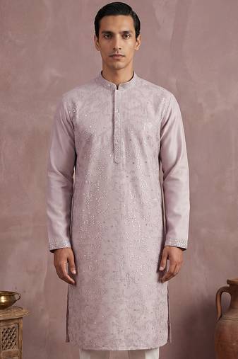 Men lavender silk blend embroidered straight kurta sets