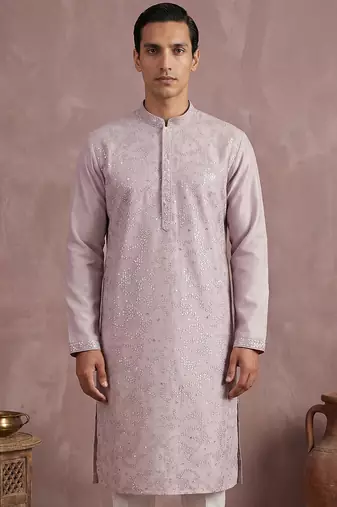 Men lavender silk blend embroidered straight kurta sets