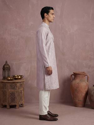 Men lavender silk blend embroidered straight kurta sets 3