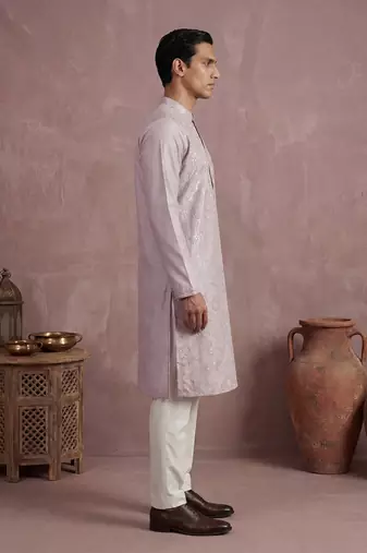 Men lavender silk blend embroidered straight kurta sets