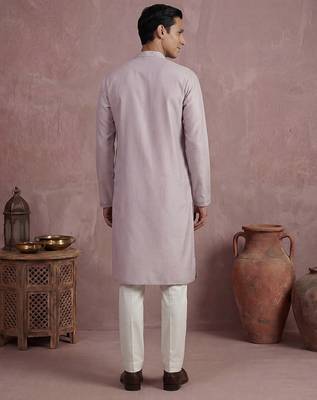 Men lavender silk blend embroidered straight kurta sets 4