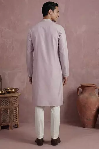 Men lavender silk blend embroidered straight kurta sets
