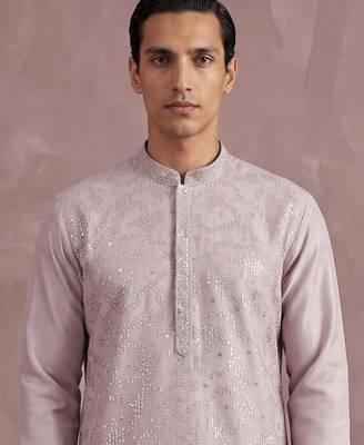 Men lavender silk blend embroidered straight kurta sets 5