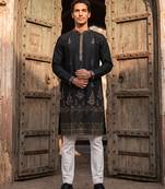 Men black silk blend embroidered straight kurta sets