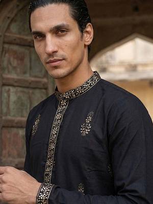 Men black silk blend embroidered straight kurta sets 2