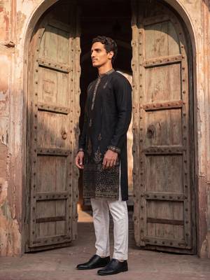 Men black silk blend embroidered straight kurta sets 3