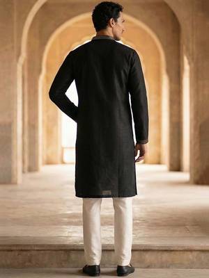 Men black silk blend embroidered straight kurta sets 4
