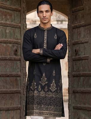 Men black silk blend embroidered straight kurta sets 5
