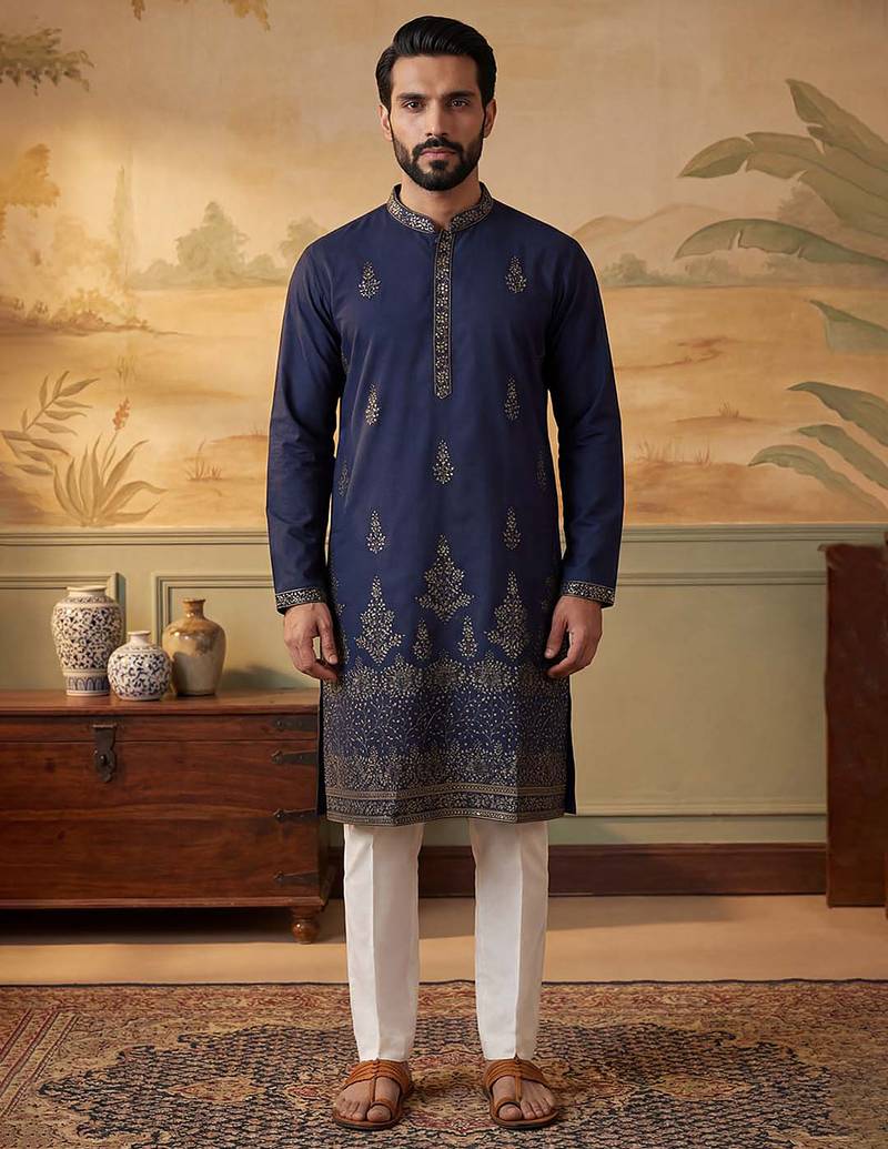 Men blue silk blend embroidered straight kurta sets