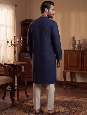 Men blue silk blend embroidered straight kurta sets 4