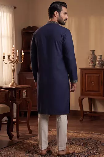 Men blue silk blend embroidered straight kurta sets