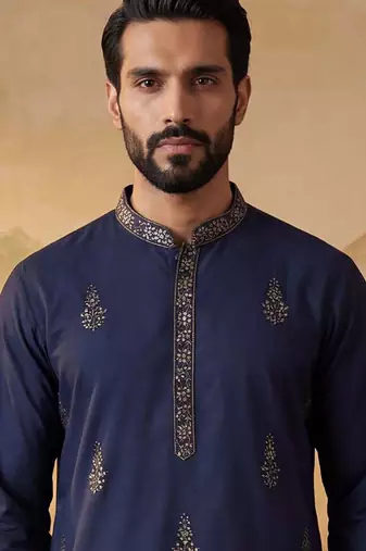 Men blue silk blend embroidered straight kurta sets