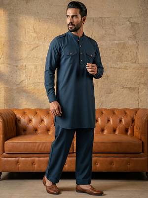 Men blue viscose rayon solid straight pathani set 1