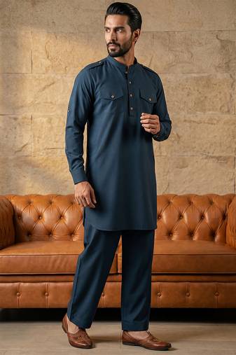 Men blue viscose rayon solid straight pathani set
