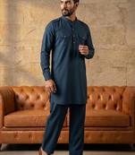 Men blue viscose rayon solid straight pathani set