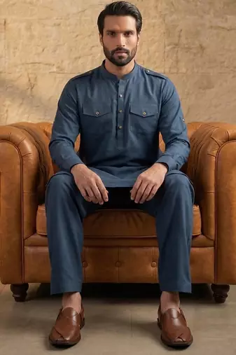 Men blue viscose rayon solid straight pathani set