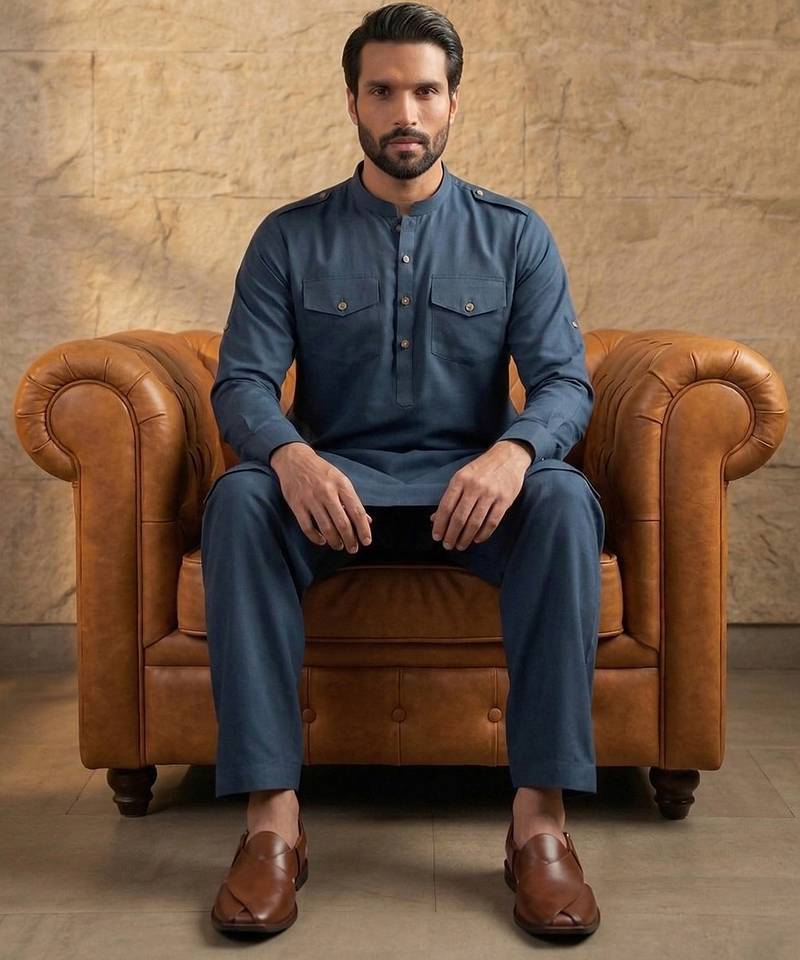 Men blue viscose rayon solid straight pathani set